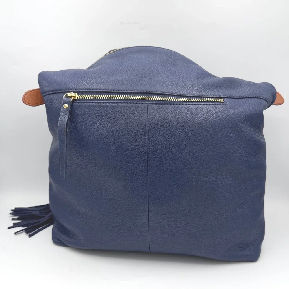 Isaac Mizrahi‎ Hobo Bag Womens Navy Blue Pebbled Leather Tassel Gold Hardware